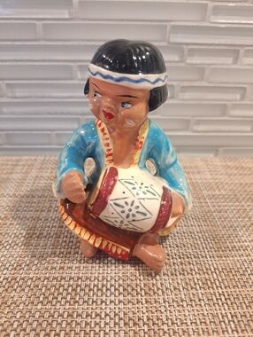 VtgNative American child boy figure ceramic Drum Made In Japan by Empress .
